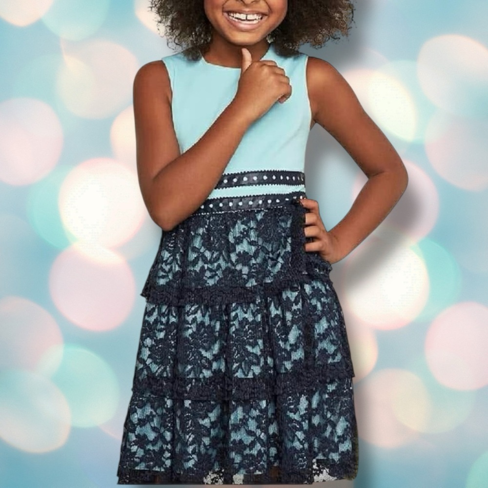 BCBGMAXAZRIA BCBGirl’s Blue and Black Lace Sleeveless Dress Size 6X